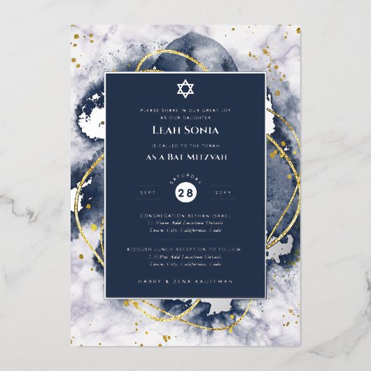 Bar Mitzvah nodiging Real Folie Agate Gold Blue Folie Uitnodiging (Voorkant)