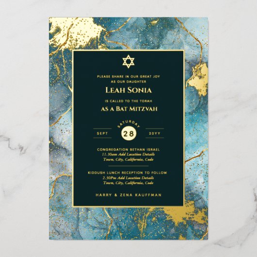 Bar Mitzvah nodiging Real Folie Agate Gold Blue Folie Uitnodiging (Voorkant)