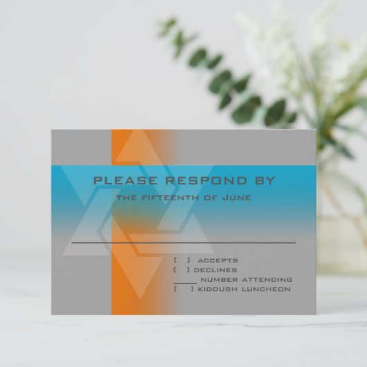 Bar Mitzvah Oranje en Turquoise op elke kleur RSVP Kaartje (Staand voorkant)