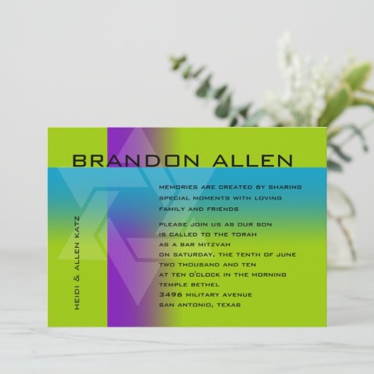 Bar Mitzvah Paars en Turquoise op elke kleur Kaart (Staand voorkant)