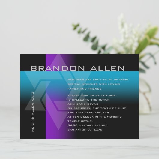 Bar Mitzvah Paars en Turquoise op elke kleur Kaart (Staand voorkant)