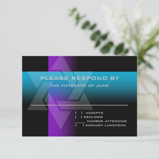 Bar Mitzvah Paars en Turquoise op elke kleur RSVP Kaartje (Staand voorkant)