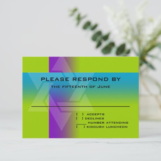 Bar Mitzvah Paars en Turquoise op elke kleur RSVP Kaartje (Staand voorkant)