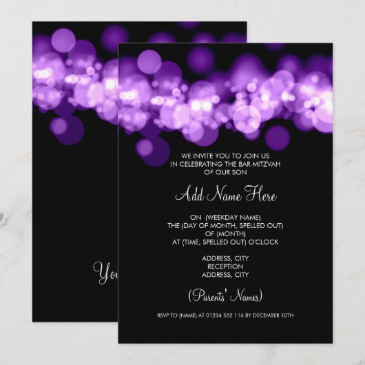 Bar Mitzvah Paarse Bokeh Lights Kaart (Voorkant / Achterkant)