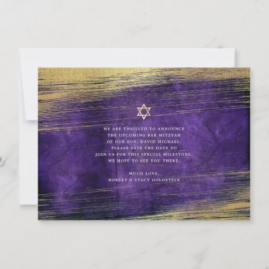 Bar Mitzvah Paarse Waterverf Gold Foil Modern Save The Date (Achterkant)