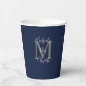 Bar Mitzvah Party Naam Grijs Monogram Wit Blauw Papieren Bekers (Achterkant)