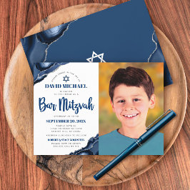 Bar Mitzvah Photo Modern Navy Blue Agate Script Kaart