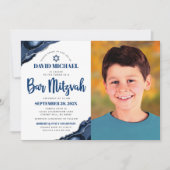 Bar Mitzvah Photo Modern Navy Blue Agate Script Kaart (Voorkant)