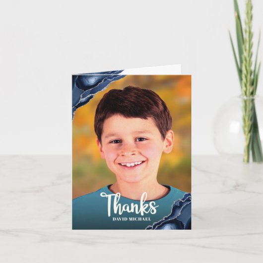 Bar Mitzvah Photo Navy Blue Agate Modern Script Bedankkaart (Voorkant)