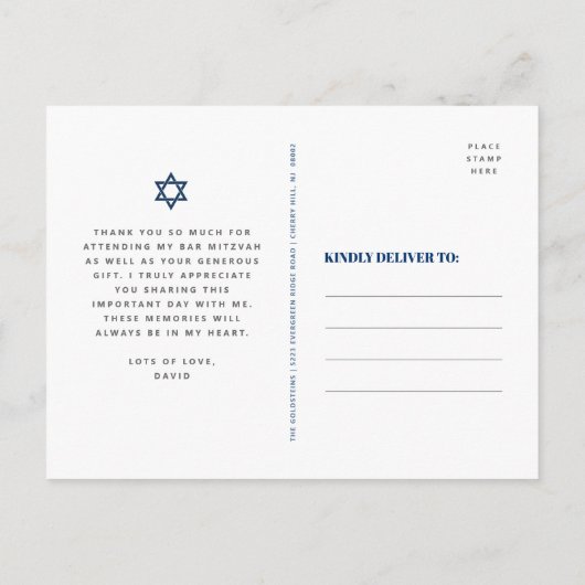 Bar Mitzvah Photo Navy Blue Agate Script Dank u Briefkaart (Achterkant)