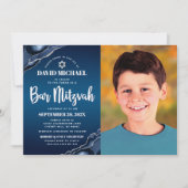 Bar Mitzvah Photo Navy Blue Ombre Agate Script Kaart (Voorkant)
