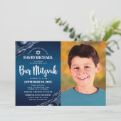 Bar Mitzvah Photo Navy Blue Ombre Agate Script Kaart (Staand voorkant)