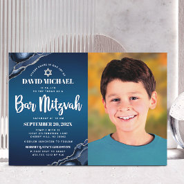 Bar Mitzvah Photo Navy Blue Ombre Agate Script Kaart