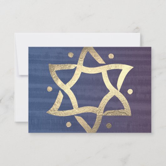 Bar Mitzvah Plum en Blue Wooden Gold Star RSVP (Voorkant)