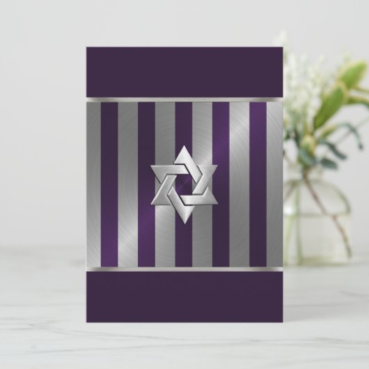 Bar Mitzvah Plum en Silver Stripe Star van David Kaart (Staand voorkant)