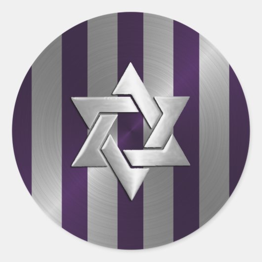 Bar Mitzvah Plum en Silver Stripe Star van David Ronde Sticker (Voorkant)