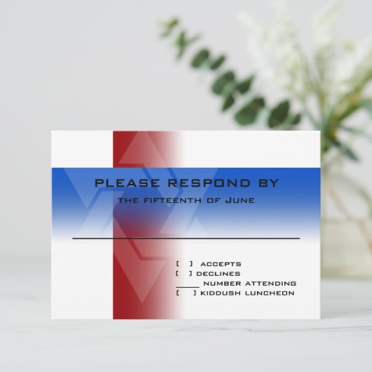 Bar Mitzvah Red en Blue op elke kleur RSVP Kaartje (Staand voorkant)