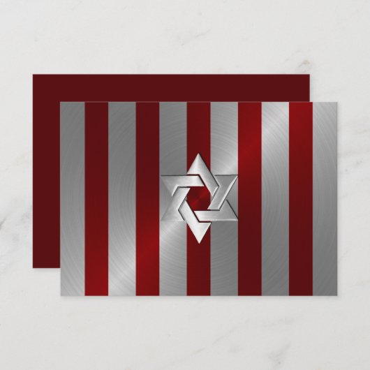 Bar Mitzvah Red en Silver Stripe met Star Kaart (Voorkant / Achterkant)
