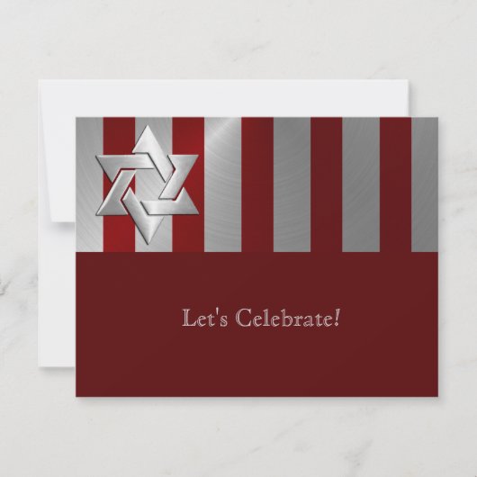 Bar Mitzvah Red en Silver Stripe Star van David RSVP Kaartje (Voorkant)