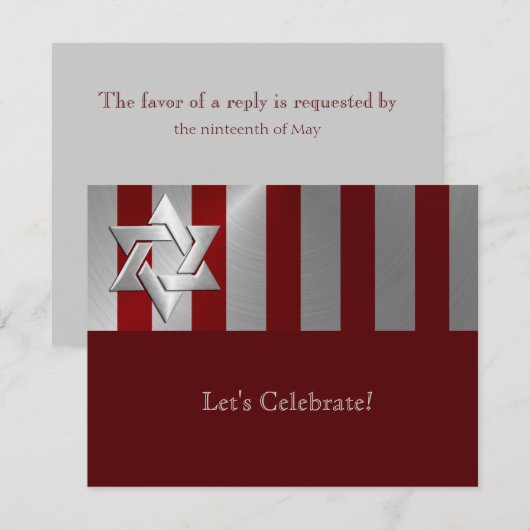 Bar Mitzvah Red en Silver Stripe Star van David RSVP Kaartje (Voorkant / Achterkant)