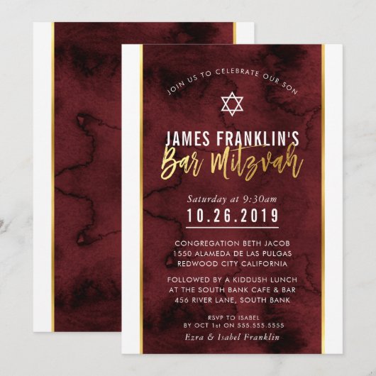 BAR MITZVAH rode kastanjebruine waterverf gouden s Kaart (Voorkant / Achterkant)