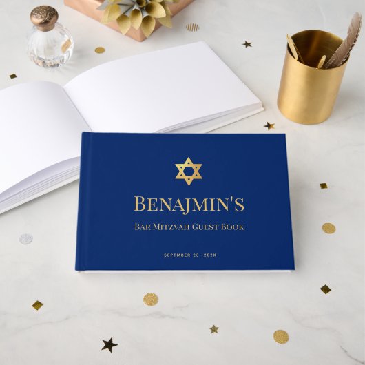 Bar Mitzvah Royal Blue Faux Gold Star of David Gastenboek (Voorkant open)