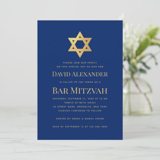 Bar Mitzvah Royal Blue Gold Star of David Simple Kaart (Staand voorkant)