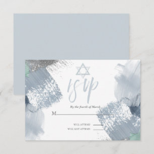 Bar Mitzvah RSVP Dusty Blue Chic Brushstrokes Kaart