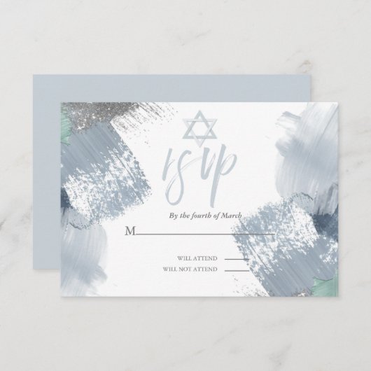 Bar Mitzvah RSVP Dusty Blue Chic Brushstrokes Kaart (Voorkant / Achterkant)