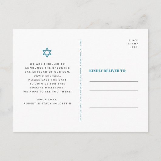 Bar Mitzvah Save Date Blauwgroen Silver Tallit Scr Uitnodiging Briefkaart (Achterkant)