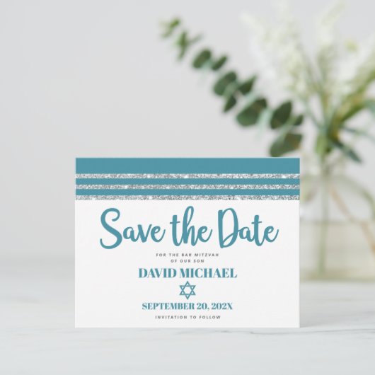 Bar Mitzvah Save Date Blauwgroen Silver Tallit Scr Uitnodiging Briefkaart (Staand voorkant)