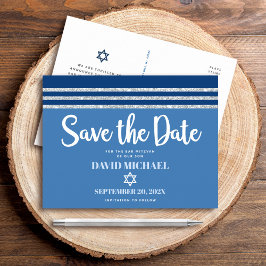 Bar Mitzvah Save Date Blue Silver Tallit Script Uitnodiging Briefkaart