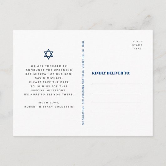 Bar Mitzvah Save Date Blue Silver Tallit Script Uitnodiging Briefkaart (Achterkant)