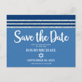 Bar Mitzvah Save Date Blue Silver Tallit Script Uitnodiging Briefkaart (Voorkant)