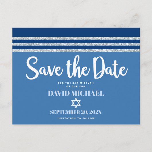 Bar Mitzvah Save Date Blue Silver Tallit Script Uitnodiging Briefkaart (Voorkant)