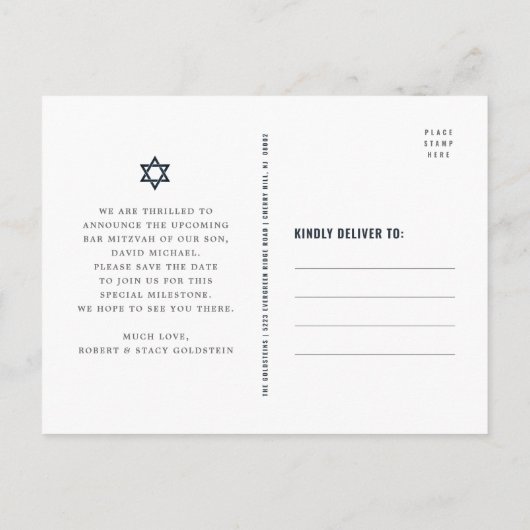 Bar Mitzvah Save Date Charcoal Gray Silver Foil Uitnodiging Briefkaart (Achterkant)