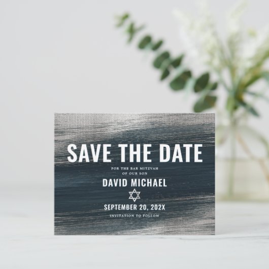 Bar Mitzvah Save Date Charcoal Gray Silver Foil Uitnodiging Briefkaart (Staand voorkant)