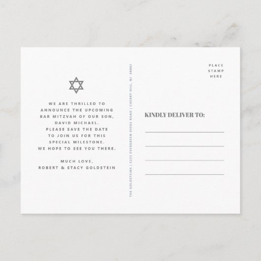Bar Mitzvah Save Date Gray Silver Tallit Script Uitnodiging Briefkaart (Achterkant)
