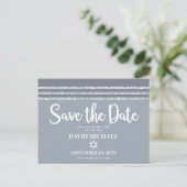 Bar Mitzvah Save Date Gray Silver Tallit Script Uitnodiging Briefkaart (Staand voorkant)