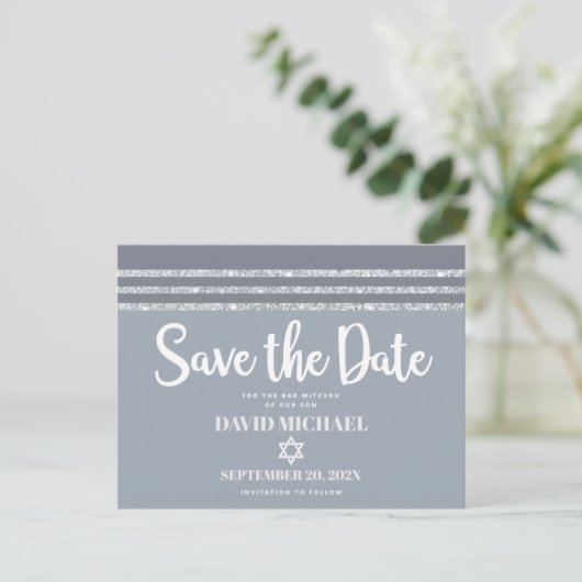 Bar Mitzvah Save Date Gray Silver Tallit Script Uitnodiging Briefkaart (Staand voorkant)