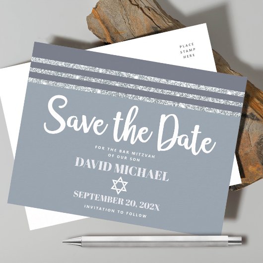 Bar Mitzvah Save Date Gray Silver Tallit Script Uitnodiging Briefkaart