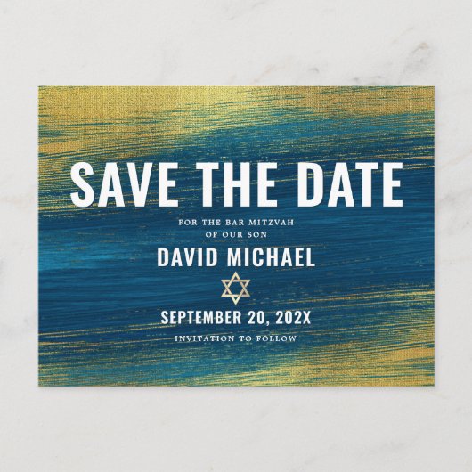 Bar Mitzvah Save Date Modern Turquoise Gold Foil Uitnodiging Briefkaart (Voorkant)