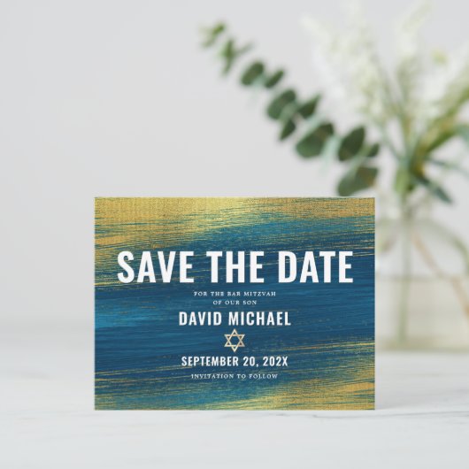 Bar Mitzvah Save Date Modern Turquoise Gold Foil Uitnodiging Briefkaart (Staand voorkant)