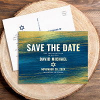 Bar Mitzvah Save Date Modern Turquoise Real Gold