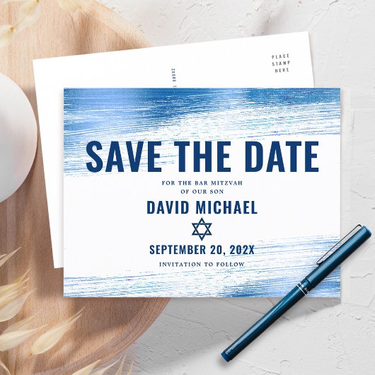 Bar Mitzvah Save Date Navy Typography Blue Folie Uitnodiging Briefkaart