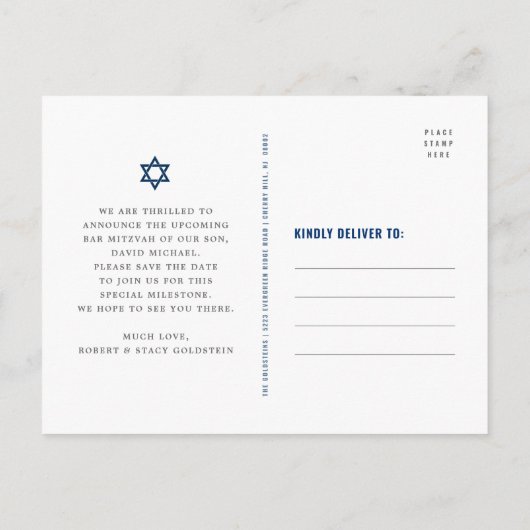 Bar Mitzvah Save Date Navy Typography Blue Folie Uitnodiging Briefkaart (Achterkant)