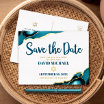 Bar Mitzvah Save Date Turquoise Agate Real Gold Folie Uitnodiging Briefkaart<br><div class="desc">Zorg ervoor al uw vrienden en familieleden de mijlpaal van uw zoon Bar Mitzvah zullen kunnen vieren! Verstuur dit coole, unieke, moderne, gepersonaliseerde 'Save the Date'-briefkaart voor de aankondiging van de folie van goud. Donkere blauwgroen blauwe scripttypografie, echte gouden folie maakt serif typografie en een echte gouden folie Star van...</div>