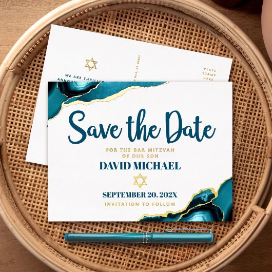 Bar Mitzvah Save Date Turquoise Agate Real Gold Folie Uitnodiging Briefkaart