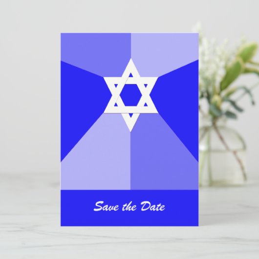 Bar Mitzvah Save the Date Invitation Kaart Blauw (Staand voorkant)