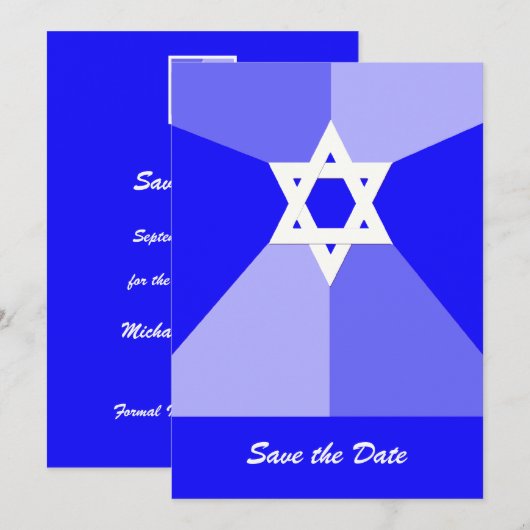 Bar Mitzvah Save the Date Invitation Kaart Blauw (Voorkant / Achterkant)